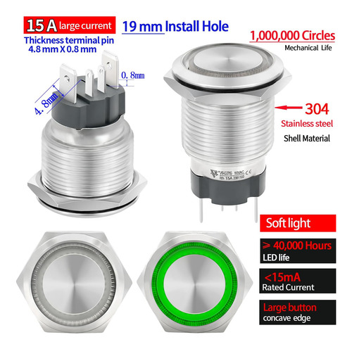 15amp De 19 Mm Push Button Switch Botón De Encendido Verde