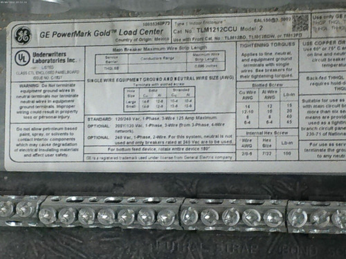 Ge Load Center Nos Tlm1212ccu 125a 240v Main Lug Model 2 Tta