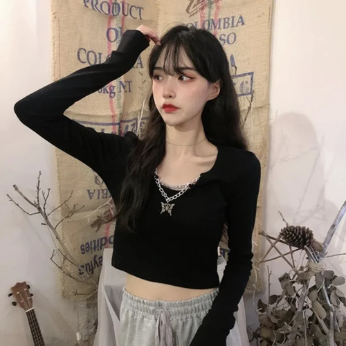 Camiseta Estampada Con Cuello En V Y Manga Larga Para Mujer