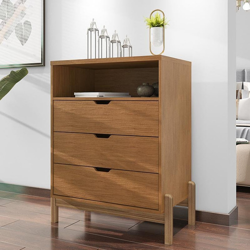 Cômoda Quarto Antares 3 Gavetas Com Pés De Madeira Maciça Cor Cedro