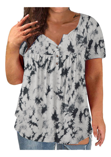 Top De Manga Corta Con Botones Y Estampado Tie-dye Con Cuell