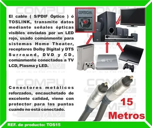 Cable Toslink Fibra Optica Largo 15m Ref Tos15 Computoys Sas