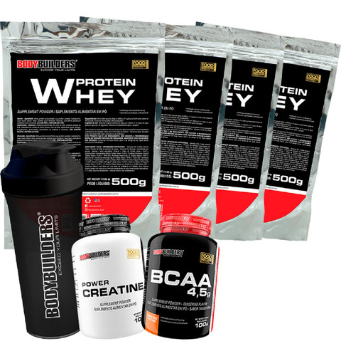 Combo 4x Whey Protein 500g + Creatina + Bcaa + Coqueteleira Sabor Baunilha