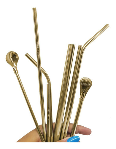 Kit 10 Canudos Para Chimarrão + 2 Escovas Limpeza - Dourado