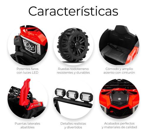 Buggy Electrico Montable Para Niños Color Rojo, Carrito De Control Remoto Y Manejo Directo, Con Luces, Estereo Y Pedales Funcionales, Medidas: Alto 76cm X Ancho 68cm X Largo 109cm