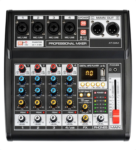 Consola Mixer 4 Canales Interfase Grabacion Bluetooth Usb Fx