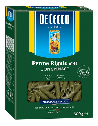 Fideos De Cecco Penne Rigate Nº 41 Espinaca 500 Gr. Italia