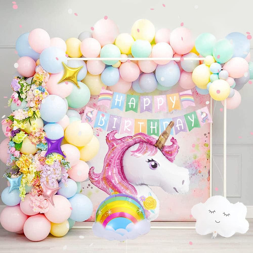 Kit Globos Unicornio Arcoiris Decoración De Cumpleaños Niñas