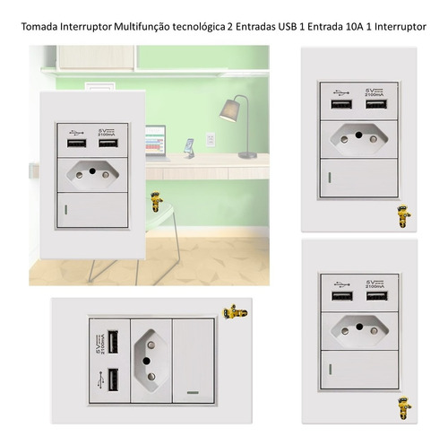 Imagem 4 de 5 de Kit Com 4 Tomadas 3 Em 1 Usb Interruptor Multifunção Master