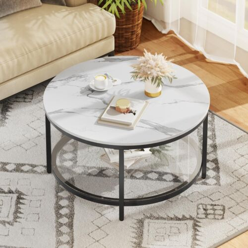 2-tier Round Coffee Table Marble Center Cocktail Table W Eem