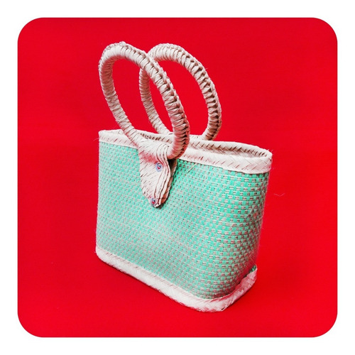 Imagen 4 de 4 de Bolsa Artesanal De Palma Natural Color Turquesa 35x31 Cm Bls