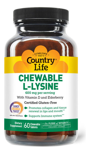 Country Life L-lisina Masticable 600 Mg - 60 Tabletas - Apoy