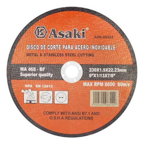 Disco De Corte Metal Asaki Ask-08824 230mm 1.9mm Mf Shop