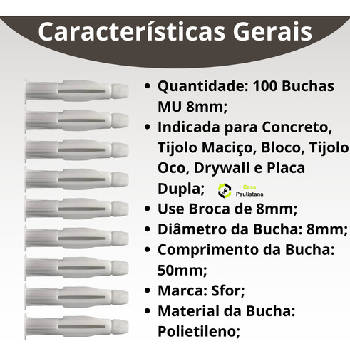 Kit 100 Buchas Mu 8mm Tijolo Oco Parede Bloco Gesso Drywall