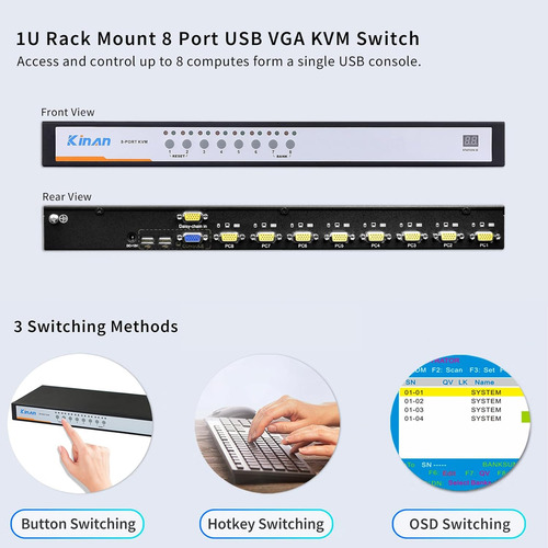 Conmutador Kvm Usb Vga De 8 Puertos Con Menú Osd, Montaje En