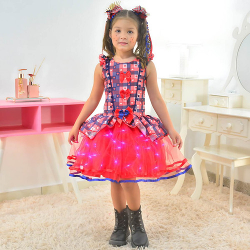Vestido Festa Junina Xadrez Tule Vermelho Com Led + 2 Laço