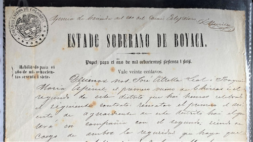 Estado De Boyacá 20 Centavos Papel Sellado Antiguo 1866 - 67