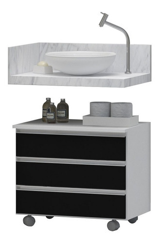 Gabinete Banheiro Rodinhas 60cm 3 Gavetas Puxador Alumínio Cor Do Móvel Branco_preto