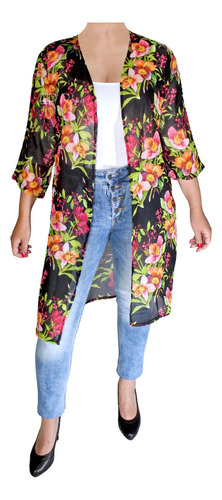 Kimono Largo Flores Cardigan Amplio Suelto Seda Mujer Moda