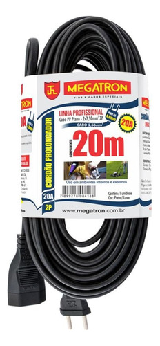 Cordao Prolongador Pp 2x2,50x20,00mt 2p 20a/250v Pt Megatron