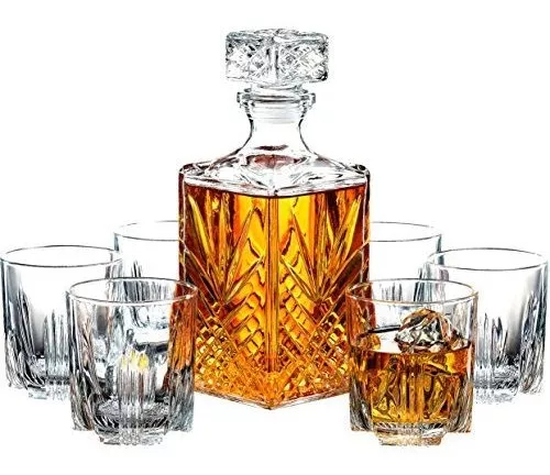 Elegante Decantador Italiano De Whisky Con Juego De 4 Vasos De Cristal  NUEVO US