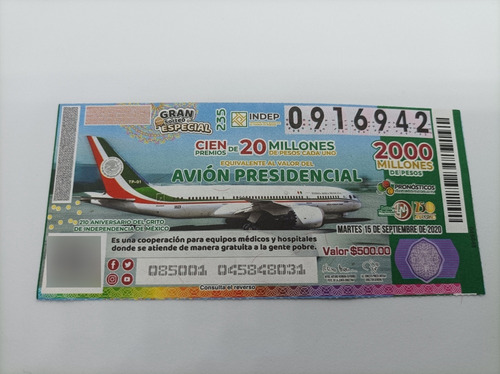 Boleto De Lotería De Avión Presidencial (Usado)