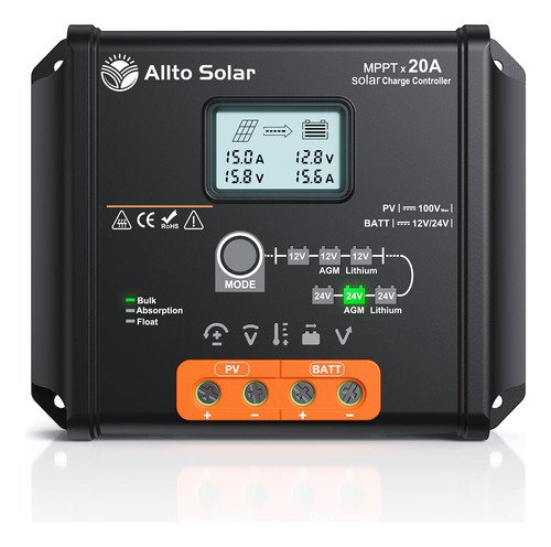 Allto Solar Controlador De Carga Solar Mppt De 20 Amperios, 