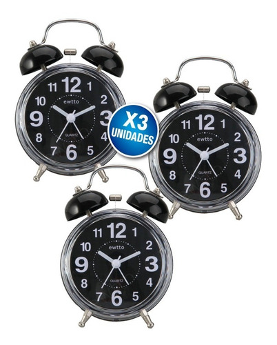 Pack X3 Reloj Despertador Clasico A Pilas Alarma De Campana