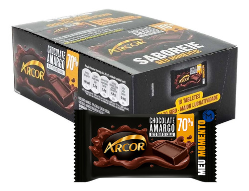 Chocolate Tablete 70% Cacau Caixa 18 Unidades De 20g Arcor