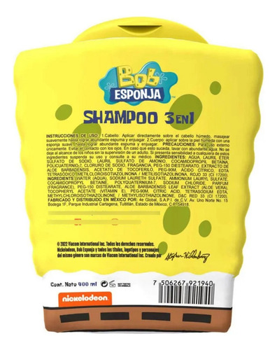 Pack 2 Pzas Shampoo Kids Bob Esponja 400 Ml Acción 3 En 1