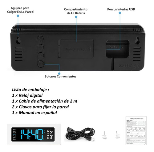 Reloj De Pared Digital Con Termómetro, Alarmas Y Calendario