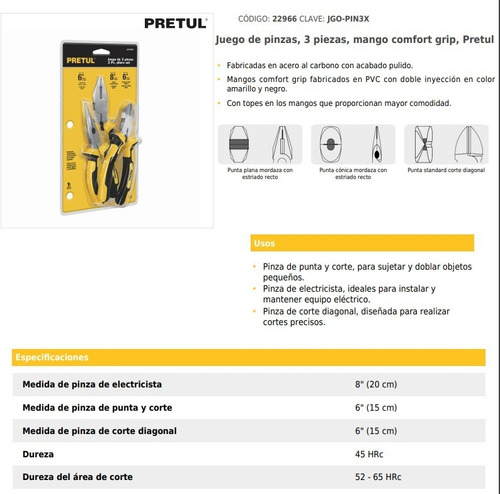 Juego 3 Pinzas Universal Electricista Alicate Y Punta Pretul