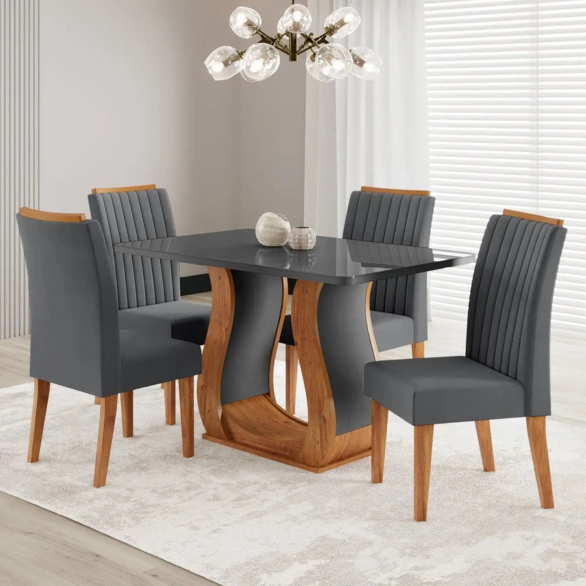 Mesa De Jantar 120x80cm Tampo Com Vidro 4 Cadeiras Fh Mel/cinza