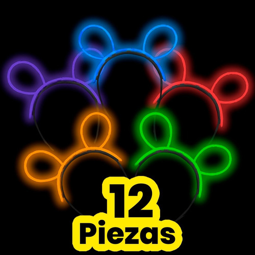 12 Diademas Mickey Colores Luz Neón Glow Fiesta Mayoreo 