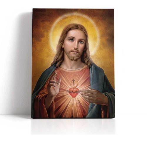 Cuadro Sagrado Corazón De Jesús En Lienzo 35x27cm Con Marco 