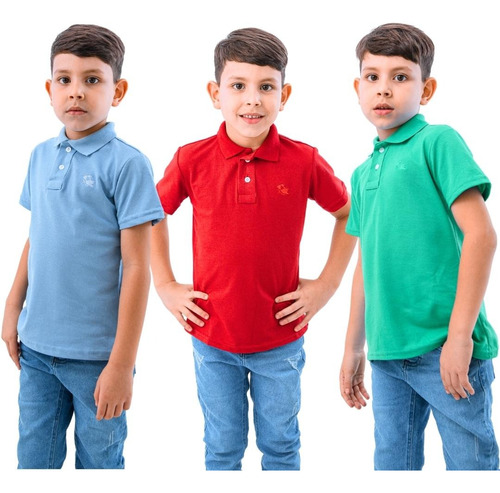 Kit 3 Camisas Infantis Polo Piquet Algodão Manga Curta Kids