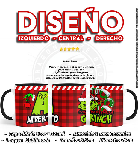 Taza Personalizada Grinch Letra Navidad 11oz Asa Color 1pz