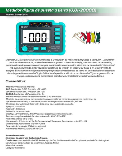 Imagen 3 de 10 de Telurimetro Tester Puesta A Tierra Baw 8050a