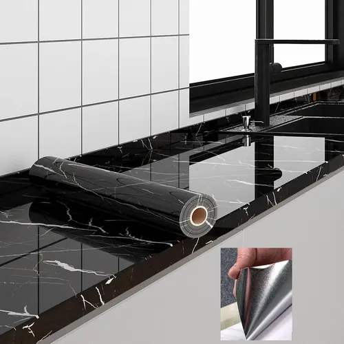 Adesivo Antióleo Para Cozinha 4mx60cm Resistente A Fogo Óle Marmore Preto-4mx60cm
