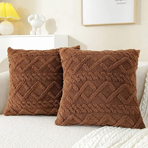 Set Of 2 Decorative Faux Wool Throw Pillow Covers 18x18 Inch