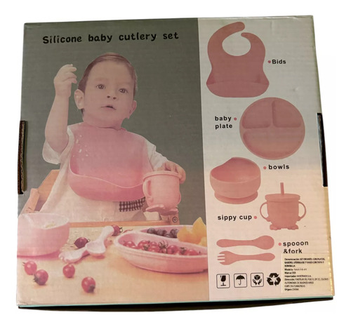 Set Rosa Alimentacion Bebe Silicona Completo Plato Vaso Bowl Liso Veoquiero