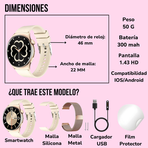 Reloj Digital Mujer Inteligente Smartwachh Mujer Elegante Rosa Gold Milanese Qx10 Rose Gold Doble Malla Film Rose Gold