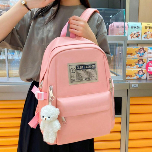 Conjunto De 4 Mochilas Unissex Em Lona Com Estampa De Urso Cor Rosa Desenho Do Tecido Liso
