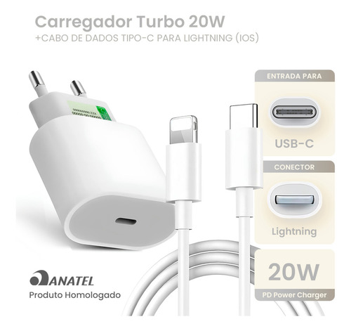 Carregador Turbo P/ iPhone 8 Plus X Xr 11 12 13 14 Pro Max C