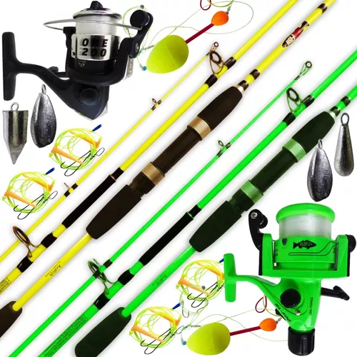 Kit Pesca Equipo Completo Caña 2,10 Y 2,40 Maciza Reel Caja