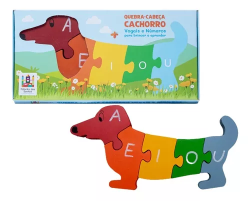 Quebra-Cabeça Educativo em Madeira Cachorro com Vogais e Números