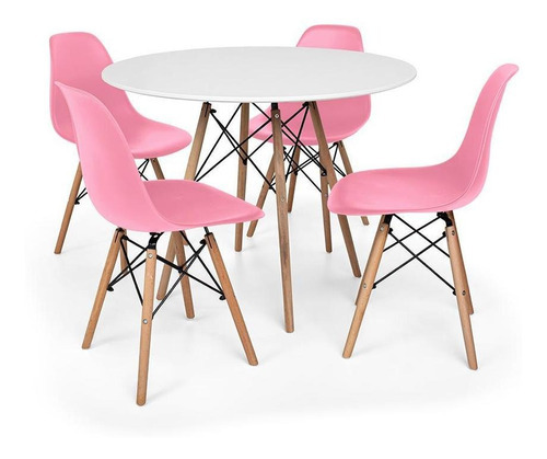 Kit Mesa Jantar Eiffel 80cm Branca + 4 Cadeiras Eames Eiffel Cor Rosa