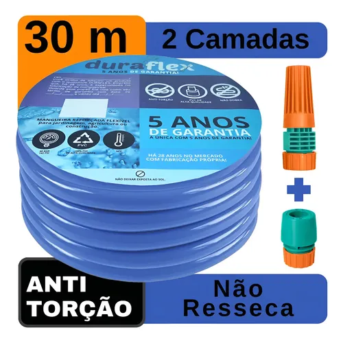 Mangueira Jardim 30Metros Siliconada Duraflex Azul Reforçada Flexível AntiDobra Irrigação Quintal Poço Lavagem Durável