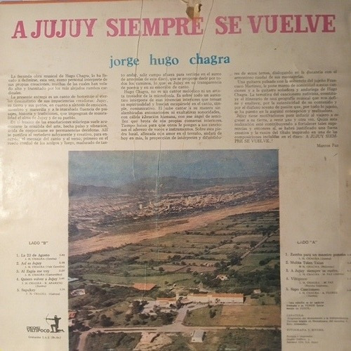A Jujuy Siempre Se Vuelve.j. H.chagra, Autor Sapo Cancionero (Usado)