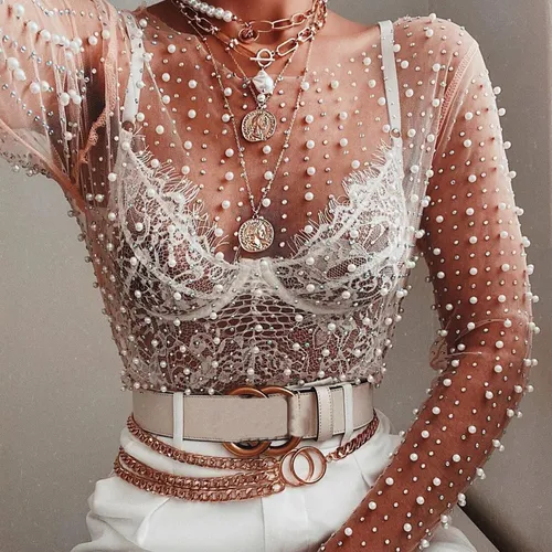 Camisa Transparente De Encaje Con Perlas Para Mujer